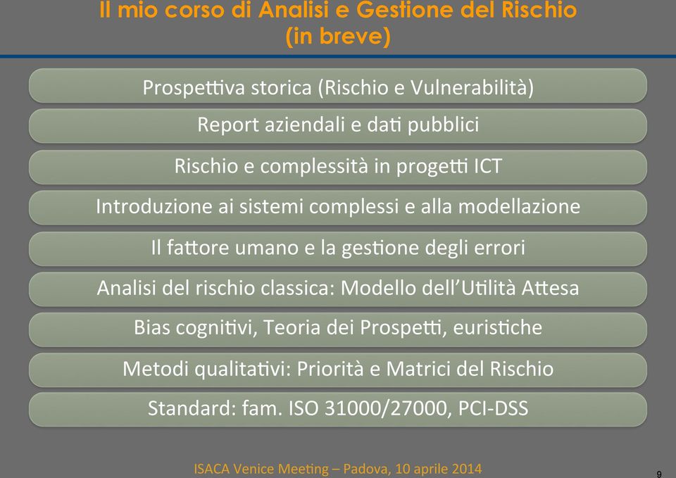 pubblici Rischio e complessità in proged ICT Introduzione ai sistemi complessi e alla modellazione Il fahore umano