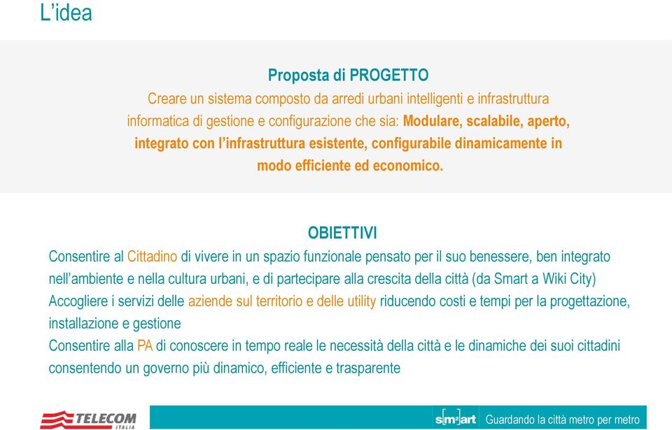 OBIETTIVI Consentire al Cittadino di vivere in un spazio funzionale pensato per il suo benessere, ben integrato nell ambiente e nella cultura urbani, e di partecipare alla crescita della città (da