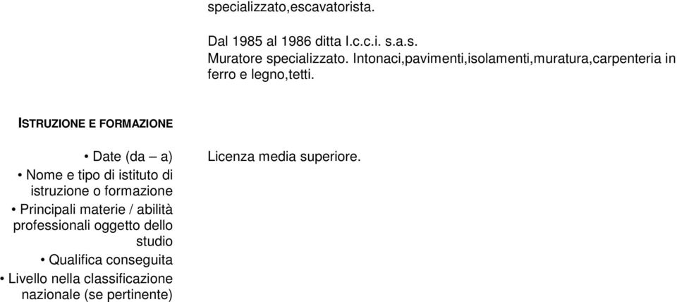 ISTRUZIONE E FORMAZIONE Date (da a) Nome e tipo di istituto di istruzione o formazione Principali