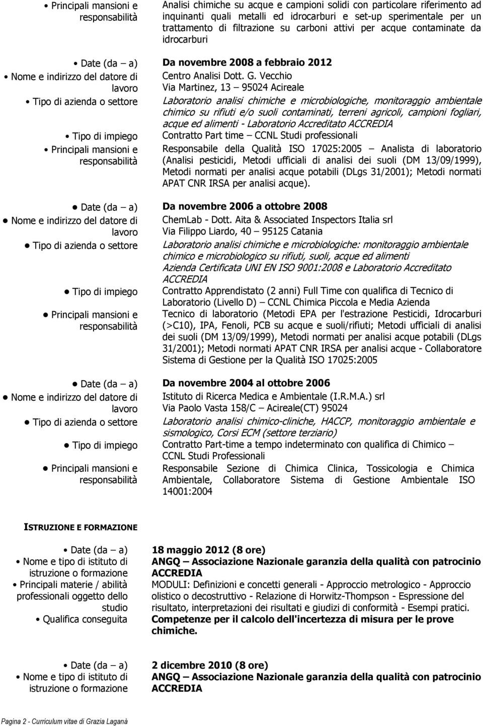 Vecchio Via Martinez, 13 95024 Acireale Tipo di azienda o settore Laboratorio analisi chimiche e microbiologiche, monitoraggio ambientale chimico su rifiuti e/o suoli contaminati, terreni agricoli,