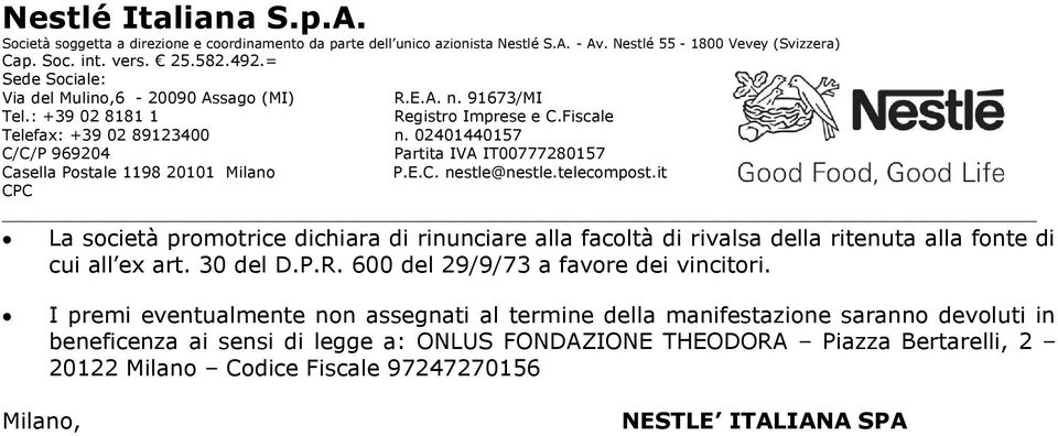 I premi eventualmente non assegnati al termine della manifestazione saranno devoluti in beneficenza