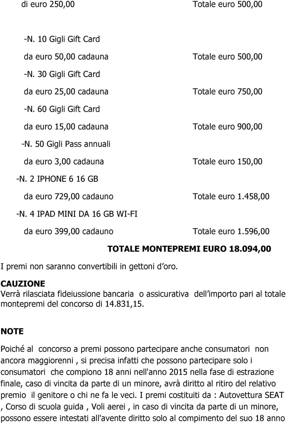 4 IPAD MINI DA 16 GB WI-FI da euro 399,00 cadauno Totale euro 1.596,00 I premi non saranno convertibili in gettoni d oro. TOTALE MONTEPREMI EURO 18.