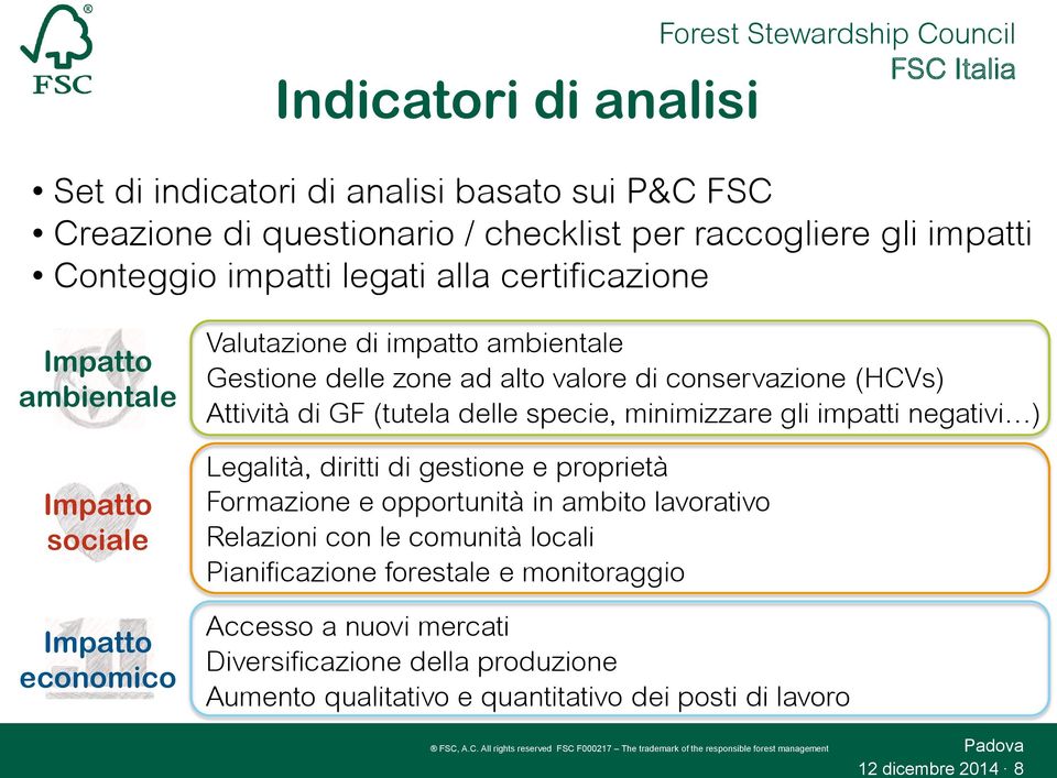 Attività di GF (tutela delle specie, minimizzare gli impatti negativi ) Legalità, diritti di gestione e proprietà Formazione e opportunità in ambito lavorativo Relazioni