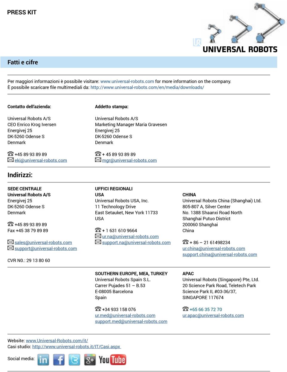 com/en/media/downloads/ Contatto dell azienda: Universal Robots A/S CEO Enrico Krog Iversen Energivej 25 DK-5260 Odense S Denmark +45 89 93 89 89 eki@universal-robots.