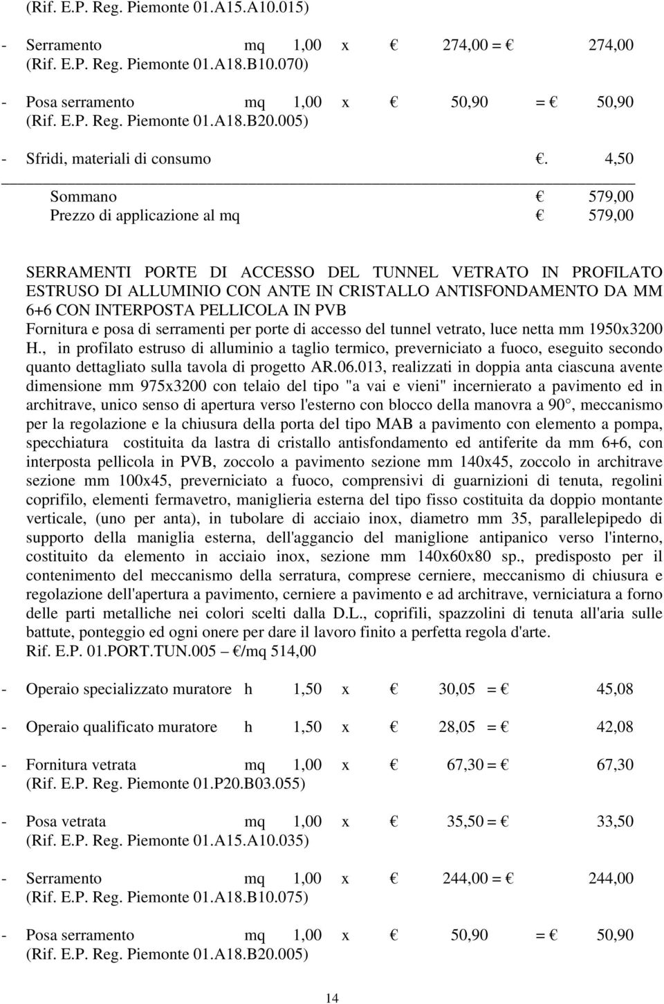 4,50 Sommano 579,00 Prezzo di applicazione al mq 579,00 SERRAMENTI PORTE DI ACCESSO DEL TUNNEL VETRATO IN PROFILATO ESTRUSO DI ALLUMINIO CON ANTE IN CRISTALLO ANTISFONDAMENTO DA MM 6+6 CON INTERPOSTA