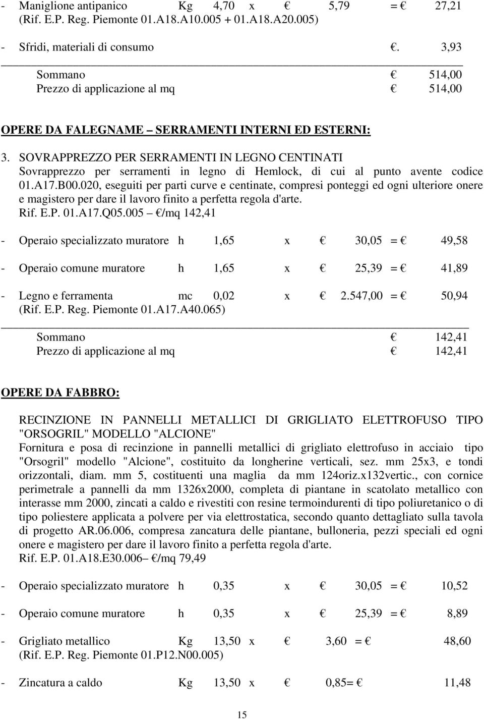 SOVRAPPREZZO PER SERRAMENTI IN LEGNO CENTINATI Sovrapprezzo per serramenti in legno di Hemlock, di cui al punto avente codice 01.A17.B00.