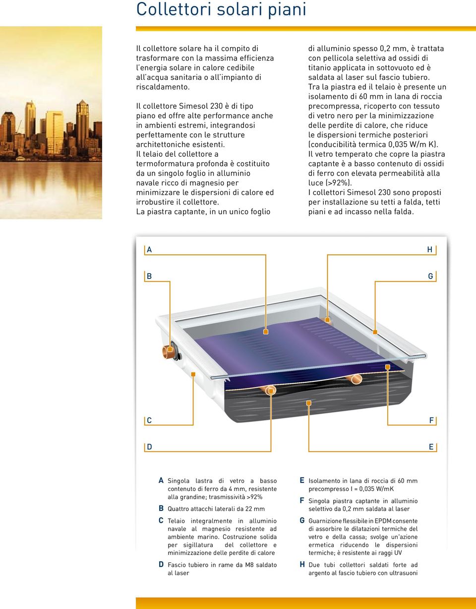 Il telaio del collettore a termoformatura profonda è costituito da un singolo foglio in alluminio navale ricco di magnesio per minimizzare le dispersioni di calore ed irrobustire il collettore.