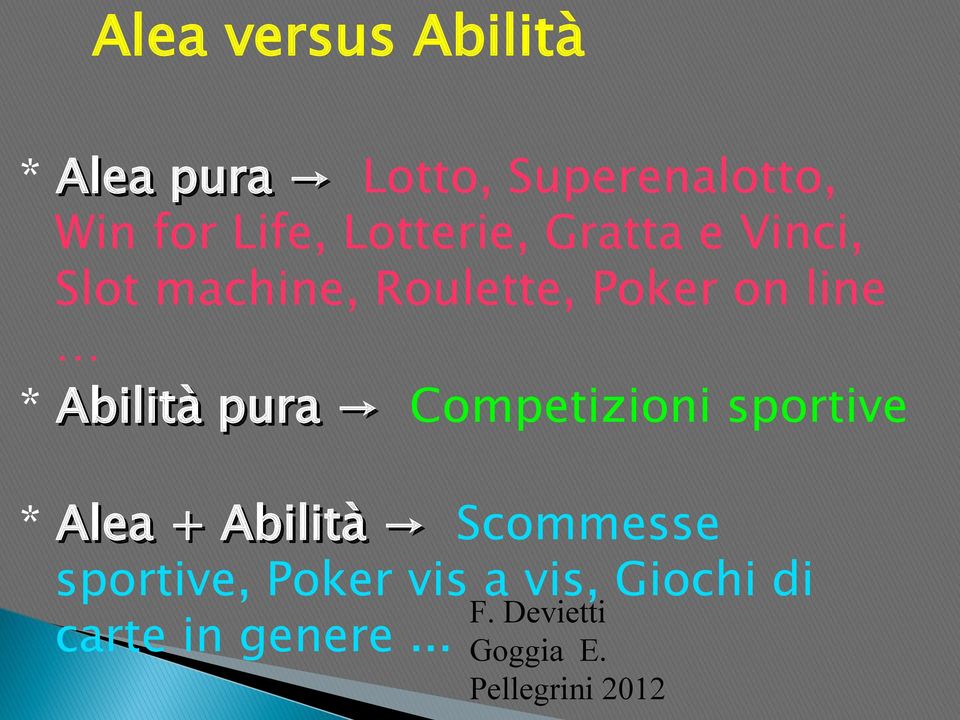 Abilità pura Competizioni sportive * Alea + Abilità Scommesse sportive,