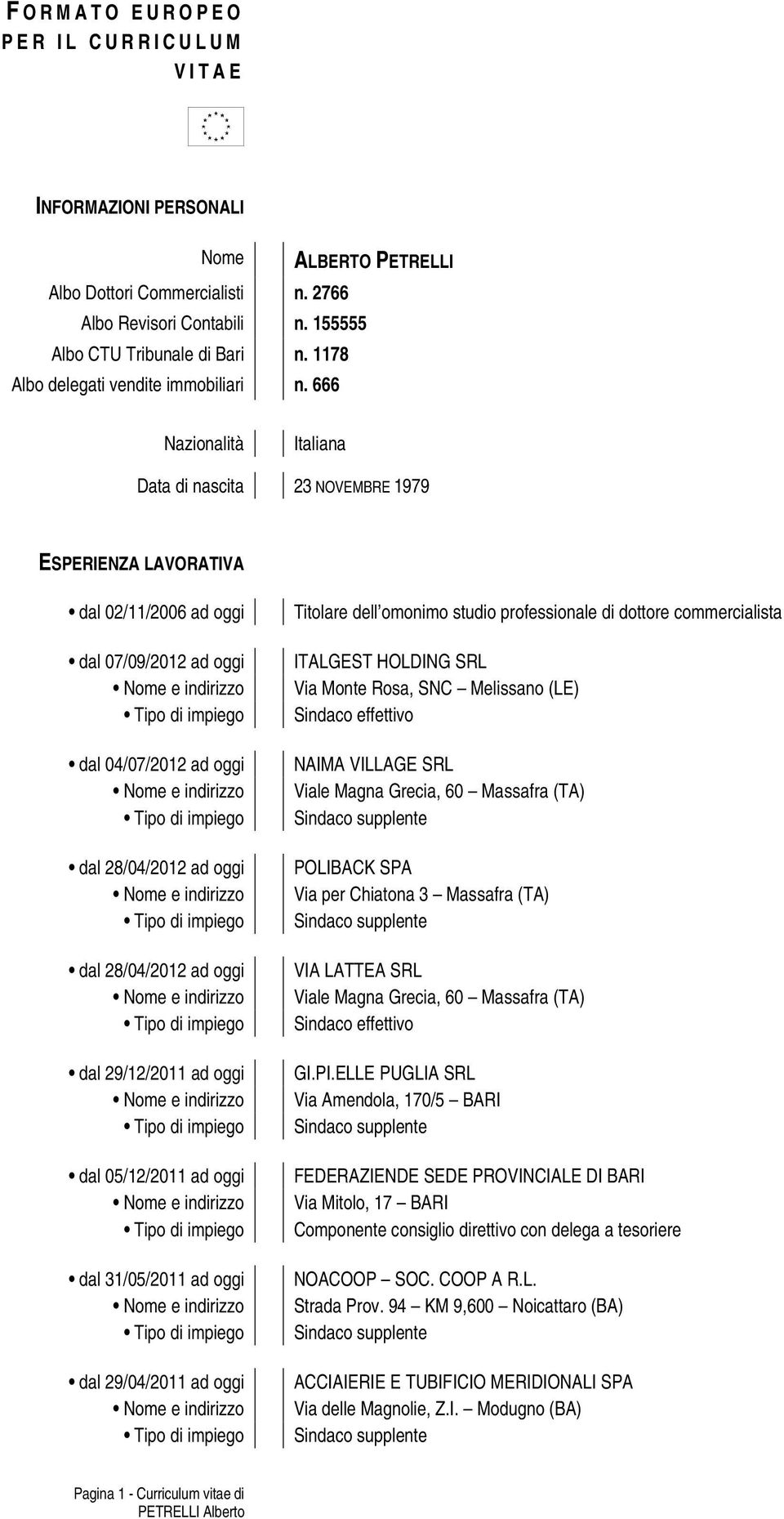 666 Nazionalità Italiana Data di nascita 23 NOVEMBRE 1979 ESPERIENZA LAVORATIVA dal 02/11/2006 ad oggi dal 07/09/2012 ad oggi dal 04/07/2012 ad oggi dal 28/04/2012 ad oggi dal 28/04/2012 ad oggi dal