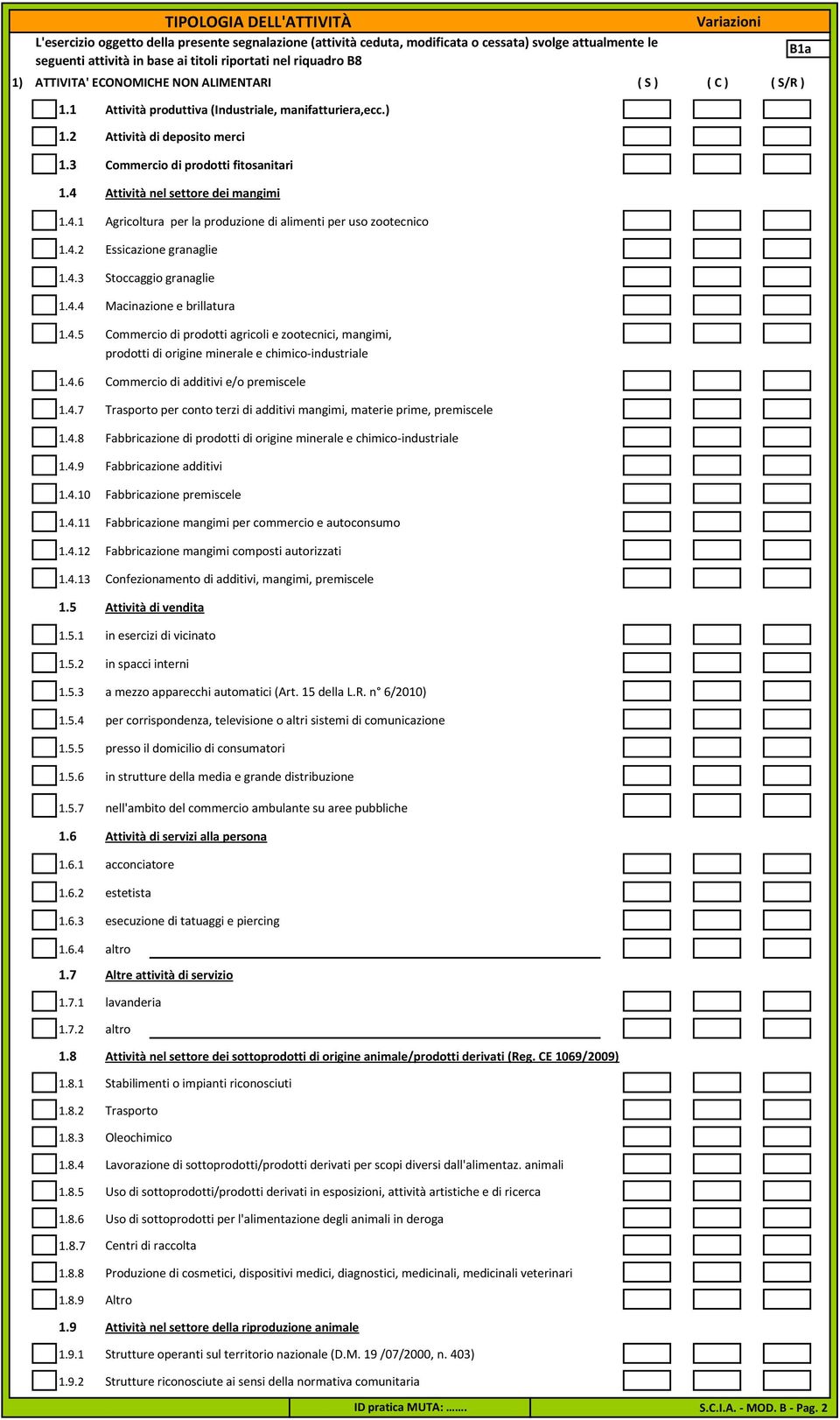 3 Commercio di prodotti fitosanitari 1.4 Attività nel settore dei mangimi 1.4.1 Agricoltura per la produzione di alimenti per uso zootecnico 1.4.2 Essicazione granaglie 1.4.3 Stoccaggio granaglie 1.4.4 Macinazione e brillatura 1.