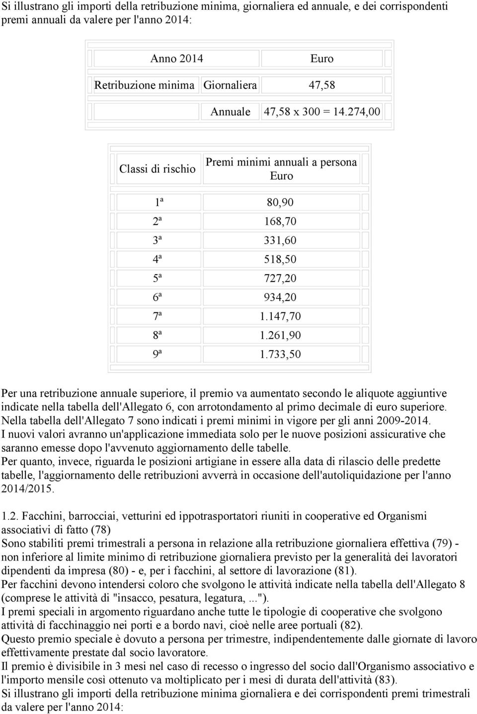 733,50 Per una retribuzione annuale superiore, il premio va aumentato secondo le aliquote aggiuntive indicate nella tabella dell'allegato 6, con arrotondamento al primo decimale di euro superiore.