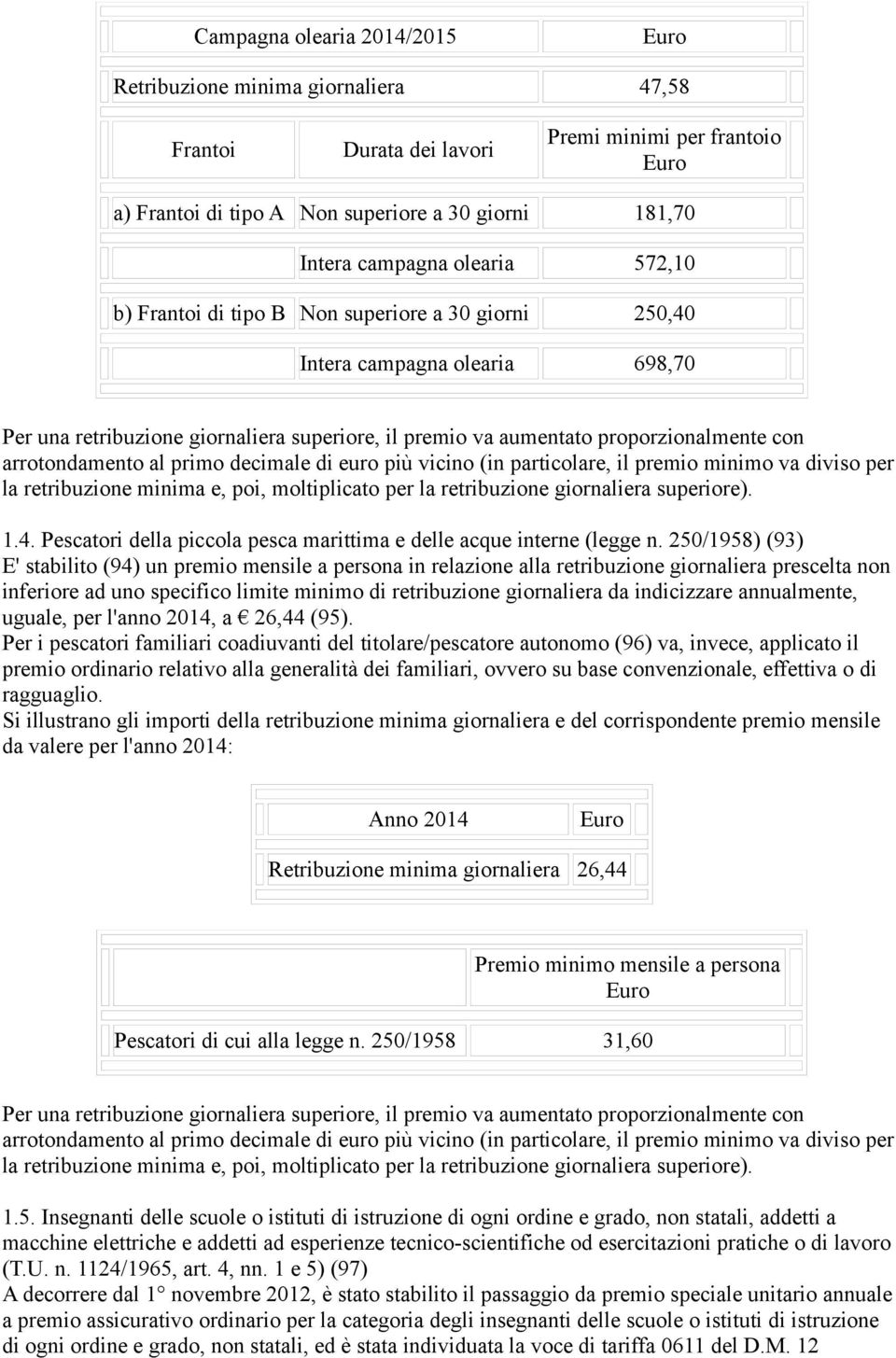 primo decimale di euro più vicino (in particolare, il premio minimo va diviso per la retribuzione minima e, poi, moltiplicato per la retribuzione giornaliera superiore). 1.4.