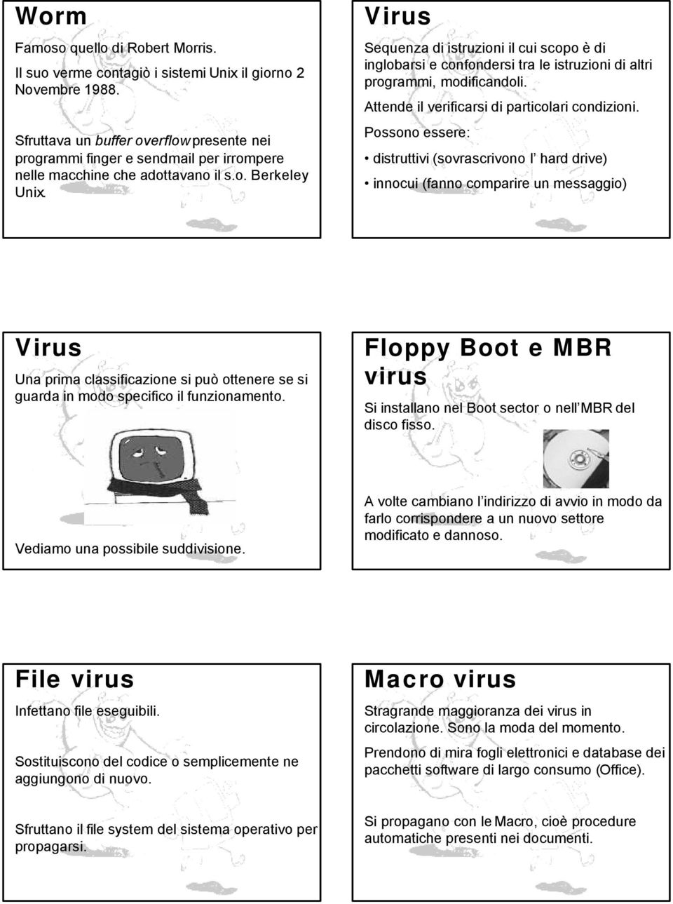 Virus Sequenza di istruzioni il cui scopo è di inglobarsi e confondersi tra le istruzioni di altri programmi, modificandoli. Attende il verificarsi di particolari condizioni.