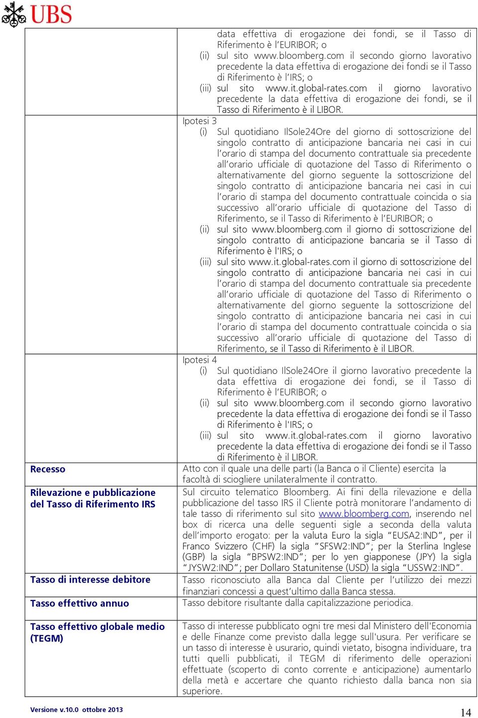 com il secondo giorno lavorativo precedente la data effettiva di erogazione dei fondi se il Tasso di Riferimento è l IRS; o (iii) sul sito www.it.global-rates.