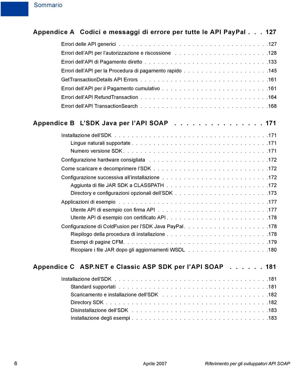 .............................161 Errori dell API per il Pagamento cumulativo.........................161 Errori dell API RefundTransaction..............................164 Errori dell API TransactionSearch.