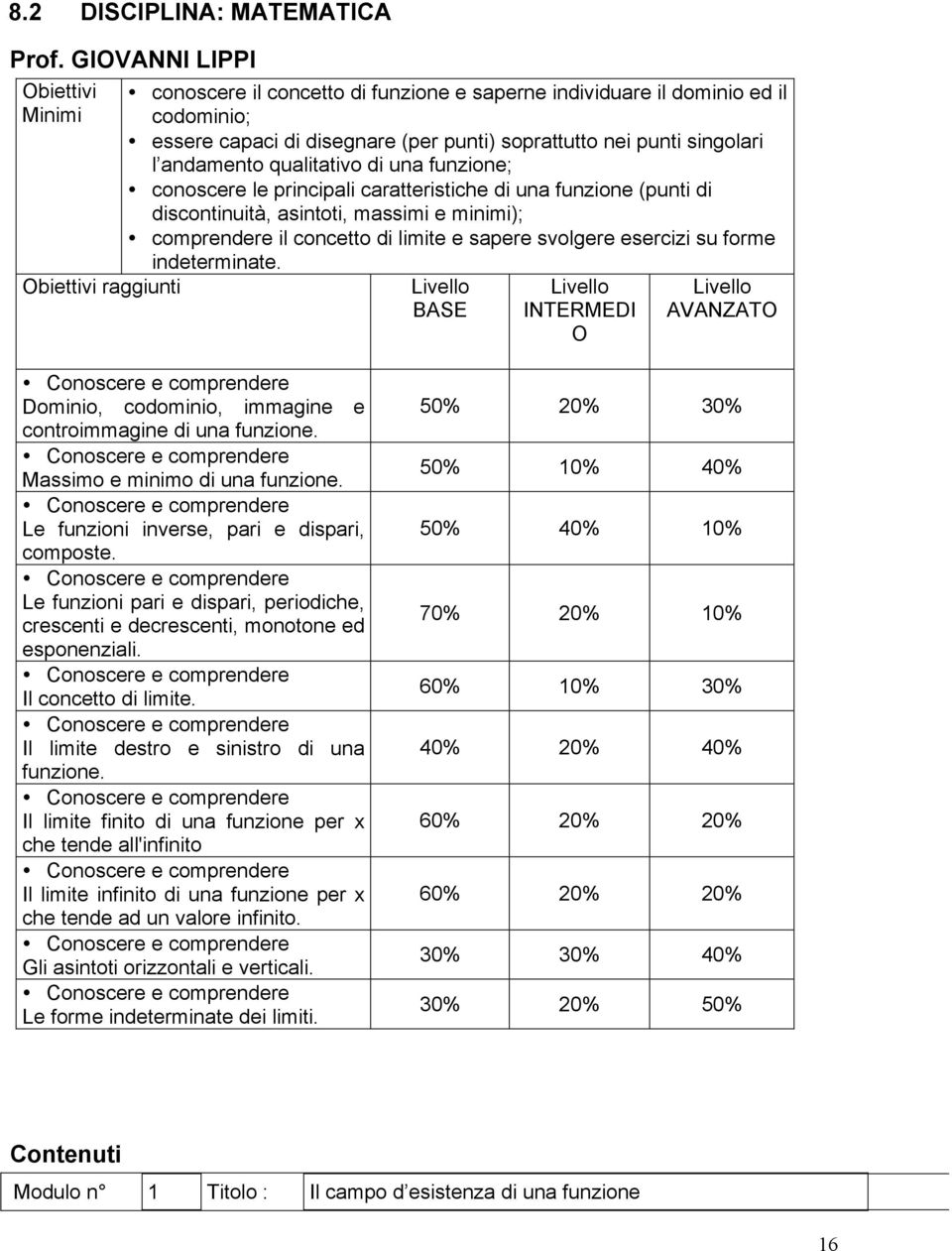 qualitativo di una funzione; conoscere le principali caratteristiche di una funzione (punti di discontinuità, asintoti, massimi e minimi); comprendere il concetto di limite e sapere svolgere esercizi