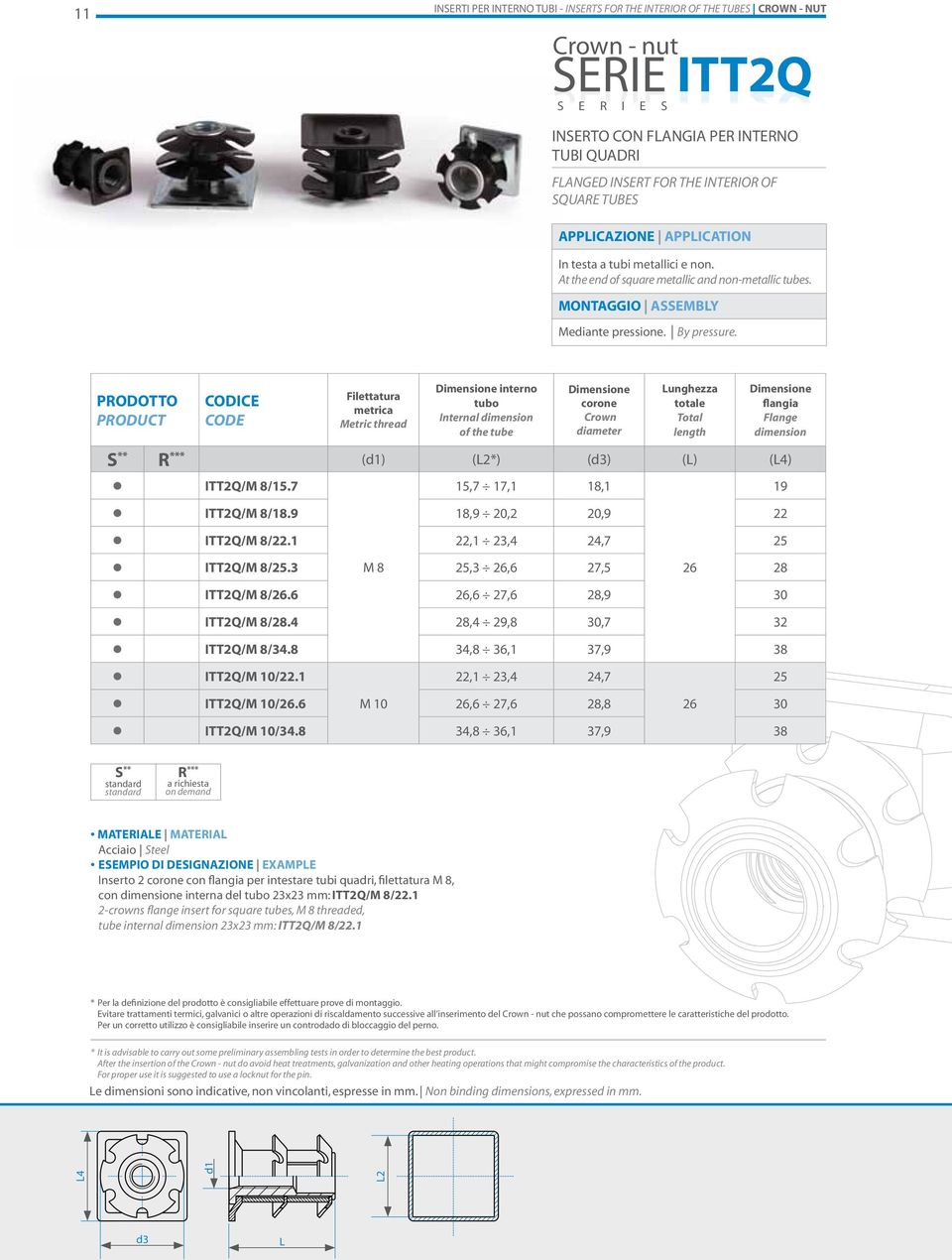 PRODOTTO PRODUCT CODICE CODE Filettatura metrica Metric thread Dimensione interno tubo Internal dimension of the tube Dimensione corone Crown diameter Lunghezza totale Total length Dimensione flangia