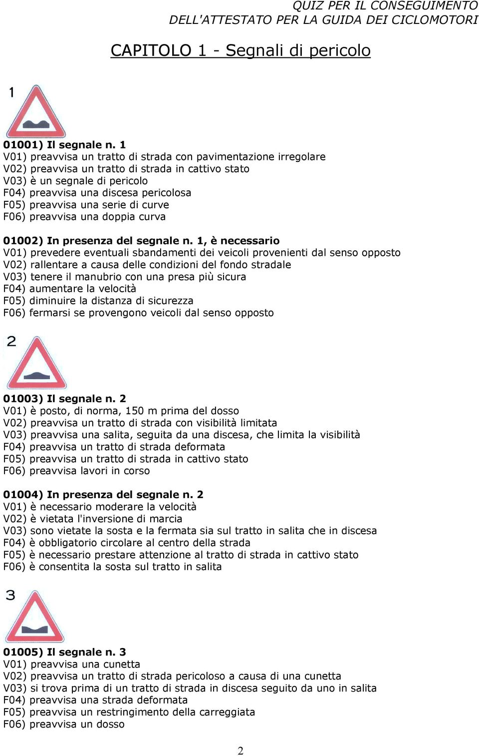 preavvisa una serie di curve F06) preavvisa una doppia curva 01002) In presenza del segnale n.