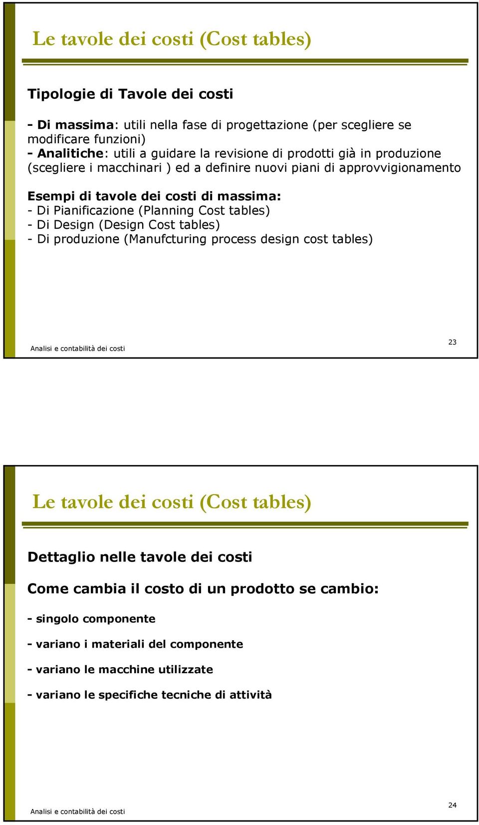 (Planning Cost tables) - Di Design (Design Cost tables) - Di produzione (Manufcturing process design cost tables) 23 Le tavole dei costi (Cost tables) Dettaglio nelle tavole dei