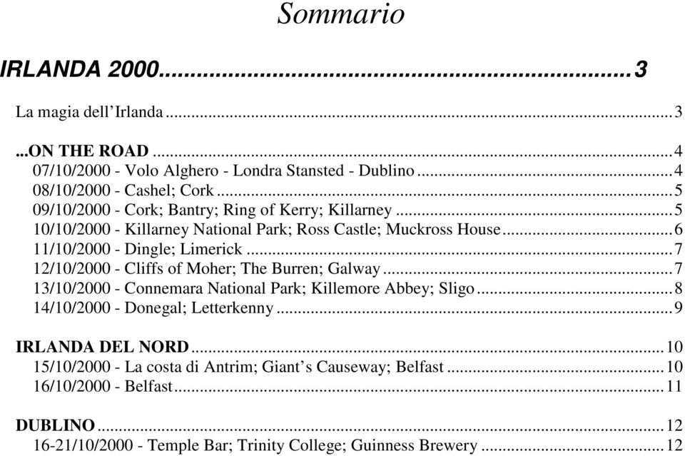 ..7 12/10/2000 - Cliffs of Moher; The Burren; Galway...7 13/10/2000 - Connemara National Park; Killemore Abbey; Sligo...8 14/10/2000 - Donegal; Letterkenny.