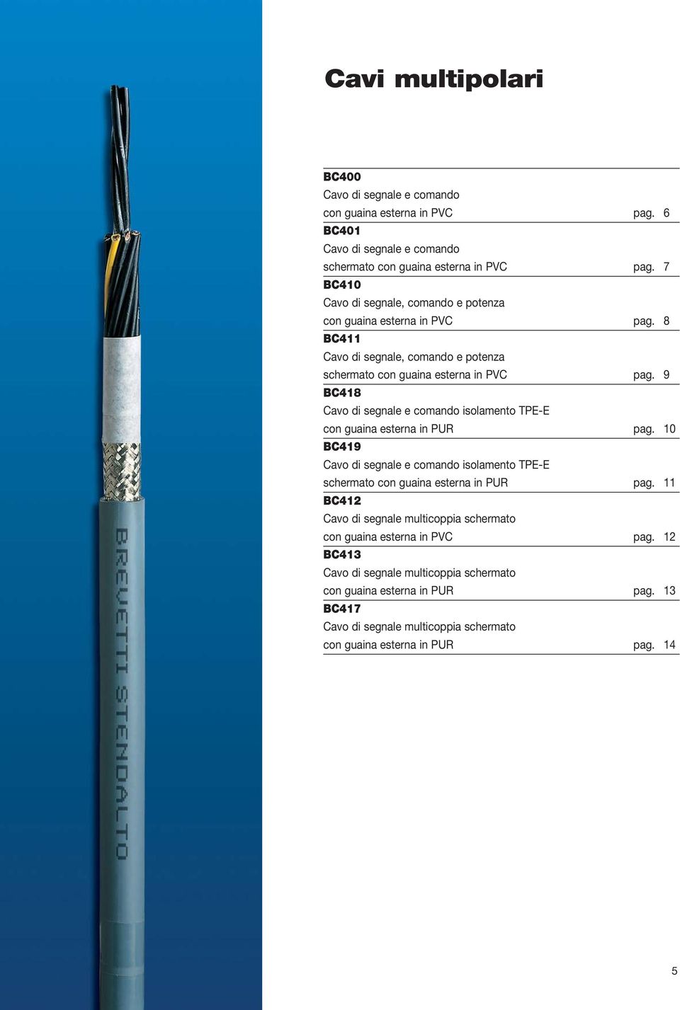 9 BC418 Cavo di segnale e comando isolamento TPE-E con guaina esterna in PUR pag. 10 BC419 Cavo di segnale e comando isolamento TPE-E schermato con guaina esterna in PUR pag.