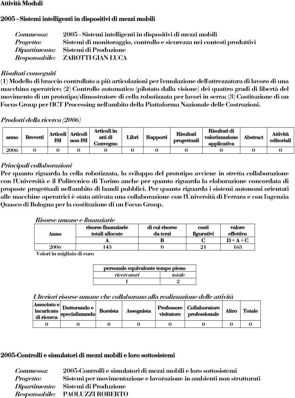 Controllo automatico (pilotato dalla visione) dei quattro gradi di libertà del movimento di un prototipo/dimostratore di cella robotizzata per lavori in serra; (3) Costituzione di un Focus Group per