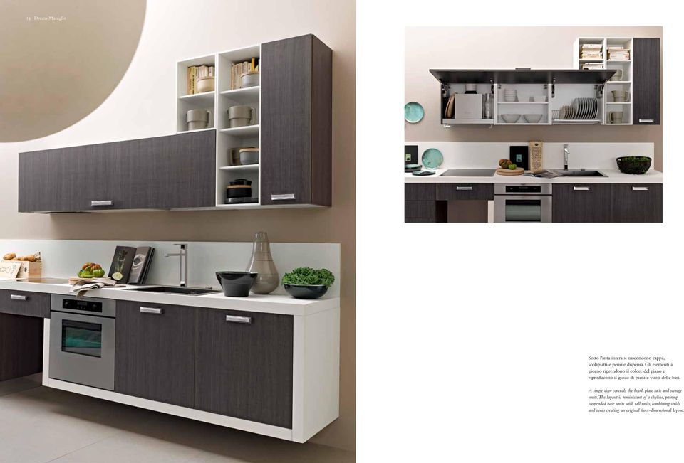 A single door conceals the hood, plate rack and storage units.