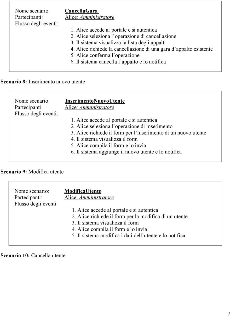 Il sistema cancella l appalto e lo notifica Scenario 8: Inserimento nuovo utente Nome scenario: Partecipanti: Flusso degli eventi: InserimentoNuovoUtente Alice: Amministratore 1.