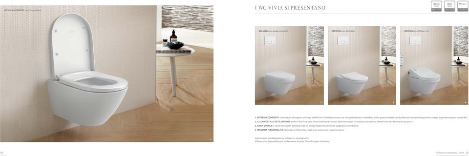 per questo WC. 2. IL COMFORT CUI SIETE ABITUATI: anche il WC Vivia nella misura standard è dotato della tecnologia di sciacquo senza brida DirectFlush ed è facilissimo da pulire. 3.