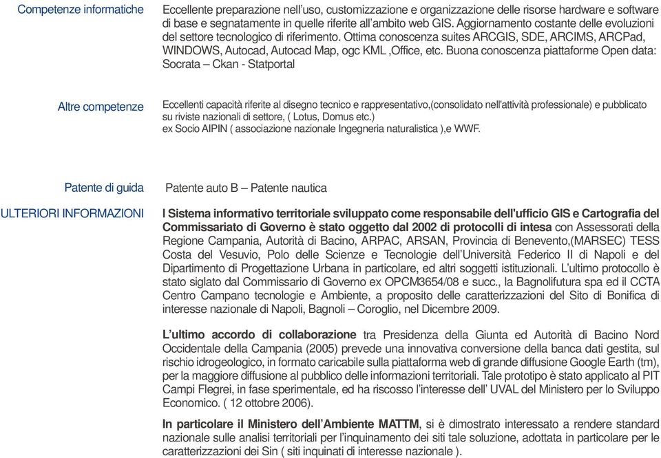 Buona conoscenza piattaforme Open data: Socrata Ckan - Statportal Altre competenze Eccellenti capacità riferite al disegno tecnico e rappresentativo,(consolidato nell'attività professionale) e