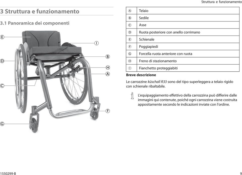 Frenodistazionamento Fianchettoproteggiabiti Breve descrizione Le carrozzine küschall R33 sono del tipo superleggera a telaio rigido con