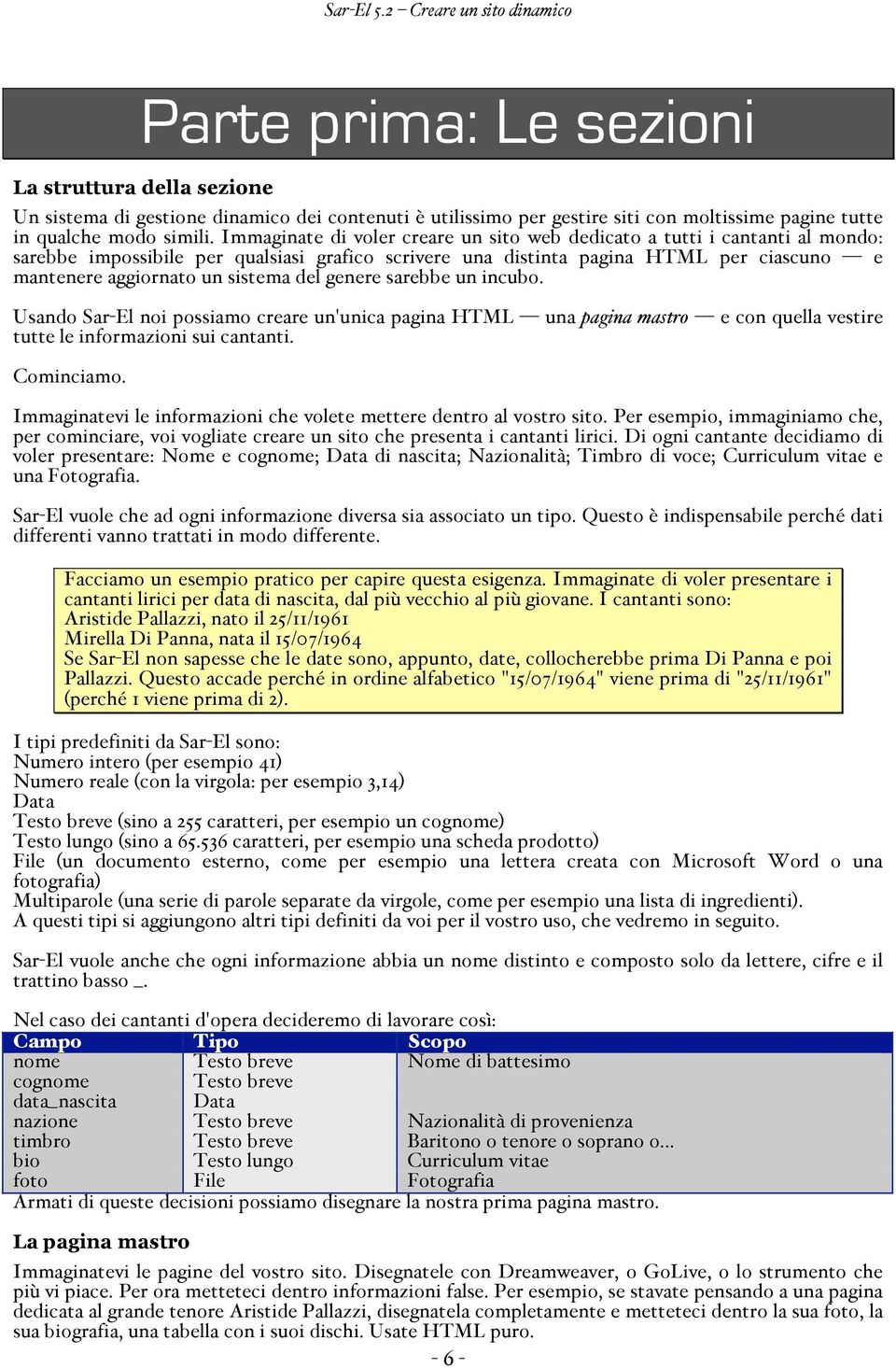 del genere sarebbe un incubo. Usando Sar-El noi possiamo creare un'unica pagina HTML una pagina mastro e con quella vestire tutte le informazioni sui cantanti. Cominciamo.