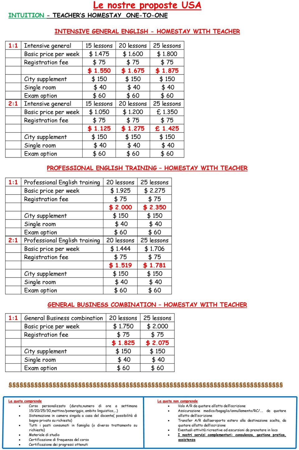 875 City supplement $ 150 $ 150 $ 150 Single room $ 40 $ 40 $ 40 Exam option $ 60 $ 60 $ 60 2:1 Intensive general 15 lessons 20 lessons 25 lessons Basic price per week $ 1.050 $ 1.200 1.