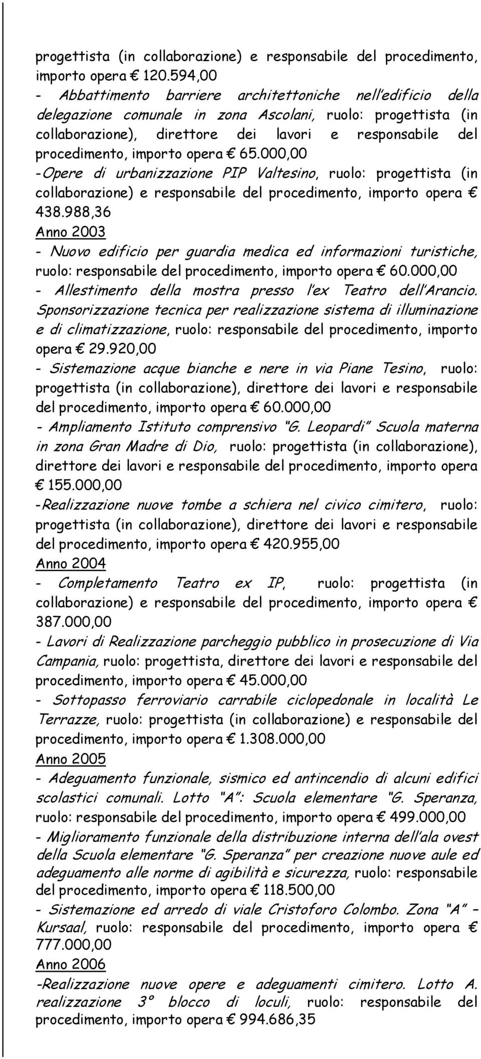 importo opera 65.000,00 -Opere di urbanizzazione PIP Valtesino, ruolo: progettista (in collaborazione) e responsabile del procedimento, importo opera 438.