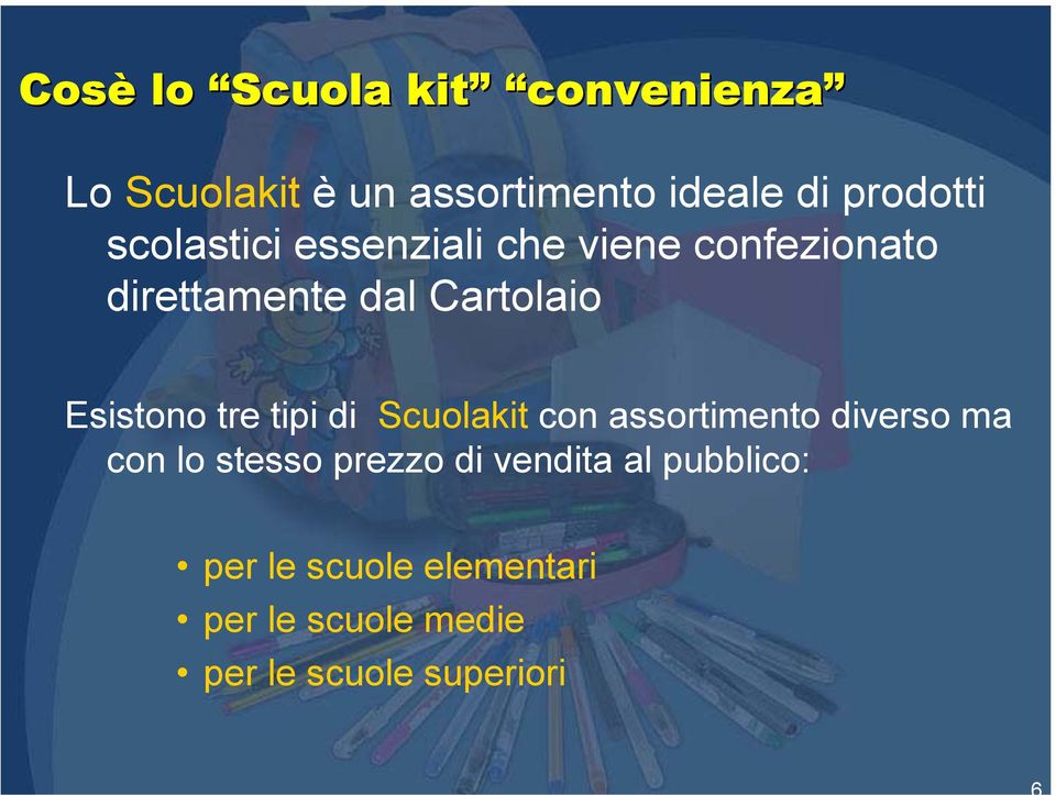 tre tipi di Scuolakit con assortimento diverso ma con lo stesso prezzo di vendita