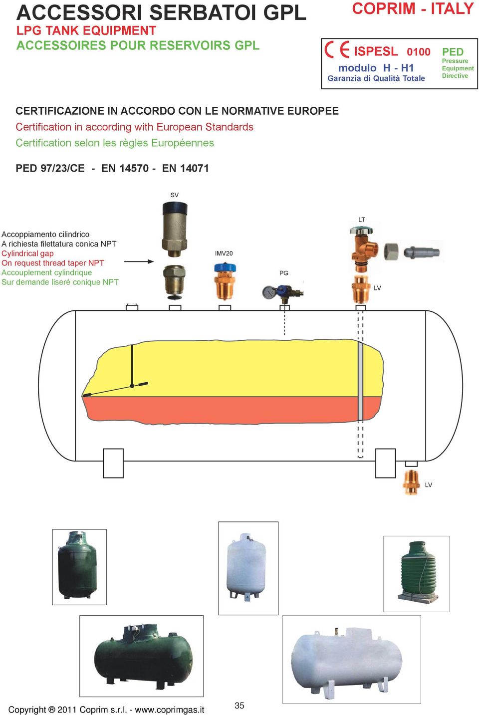 according with European Standards Certification selon les règles Européennes PED 97/23/CE - EN 14570 - EN 14071 SV LT