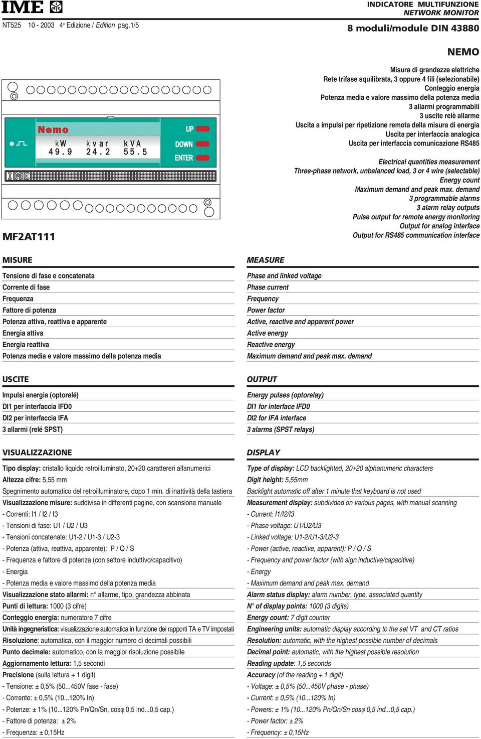 valore massimo della potenza media 3 allarmi programmabili 3 uscite relè allarme Uscita a impulsi per ripetizione remota della misura di energia Uscita per interfaccia analogica Uscita per