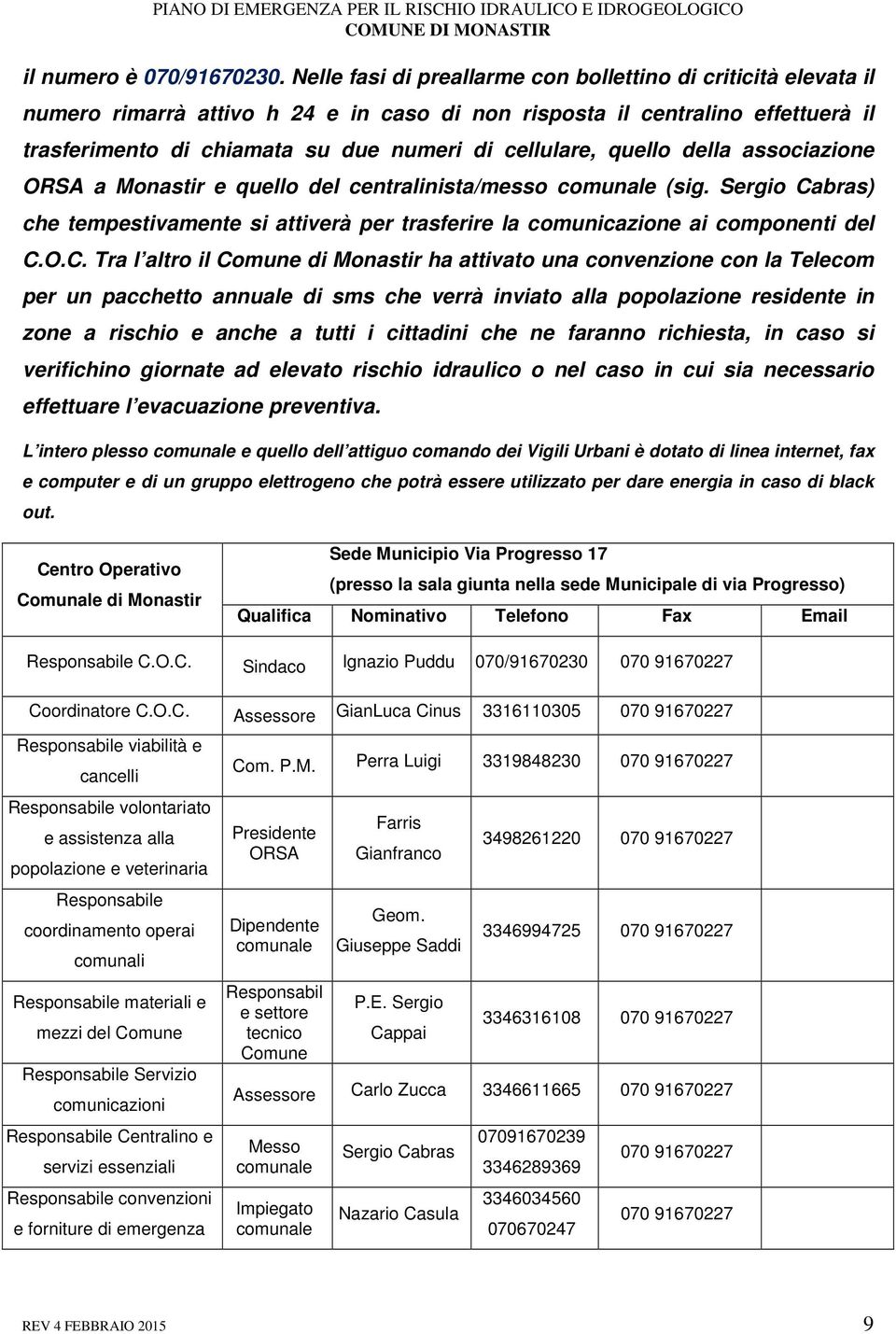 quello della associazione ORSA a Monastir e quello del centralinista/messo comunale (sig. Sergio Ca