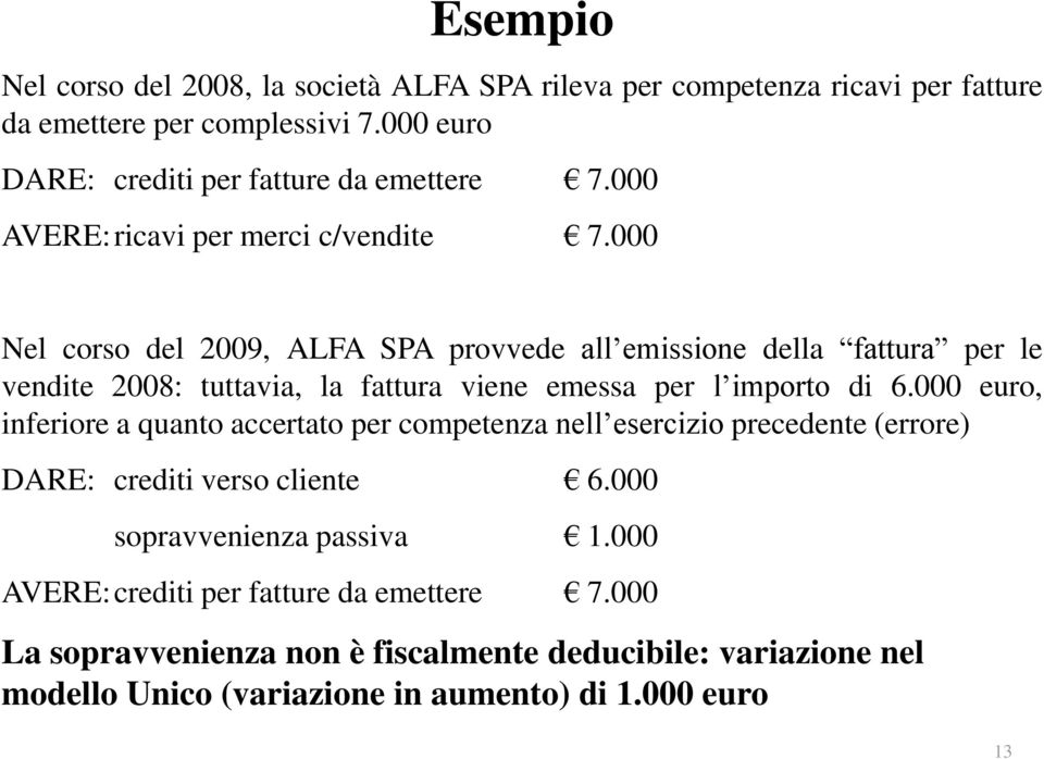 000 Nel corso del 2009, ALFA SPA provvede all emissione della fattura per le vendite 2008: tuttavia, la fattura viene emessa per l importo di 6.