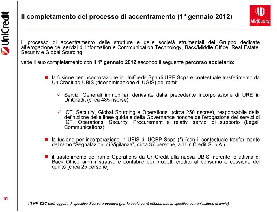 vede il suo completamento con il 1 gennaio 2012 secondo il seguente percorso societario: la fusione per incorporazione in UniCredit Spa di URE Scpa e contestuale trasferimento da UniCredit ad UBIS