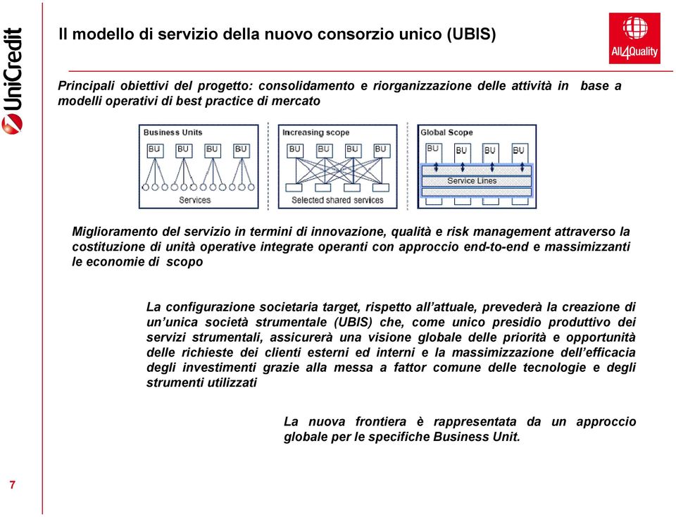 di scopo La configurazione societaria target, rispetto all attuale, prevederà la creazione di un unica società strumentale (UBIS) che, come unico presidio produttivo dei servizi strumentali,