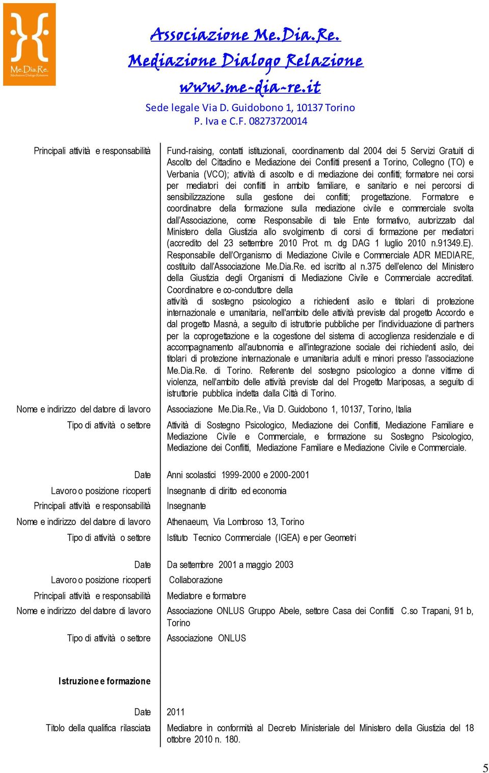 ambito familiare, e sanitario e nei percorsi di sensibilizzazione sulla gestione dei conflitti; progettazione.