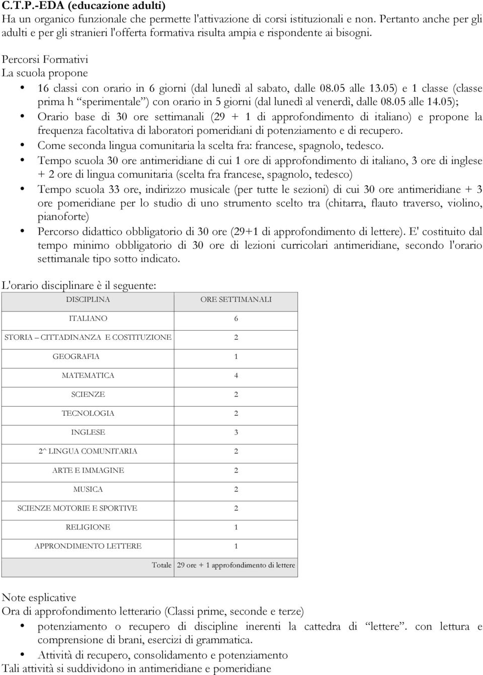 Percorsi Formativi La scuola propone 16 classi con orario in 6 giorni (dal lunedì al sabato, dalle 08.05 alle 13.