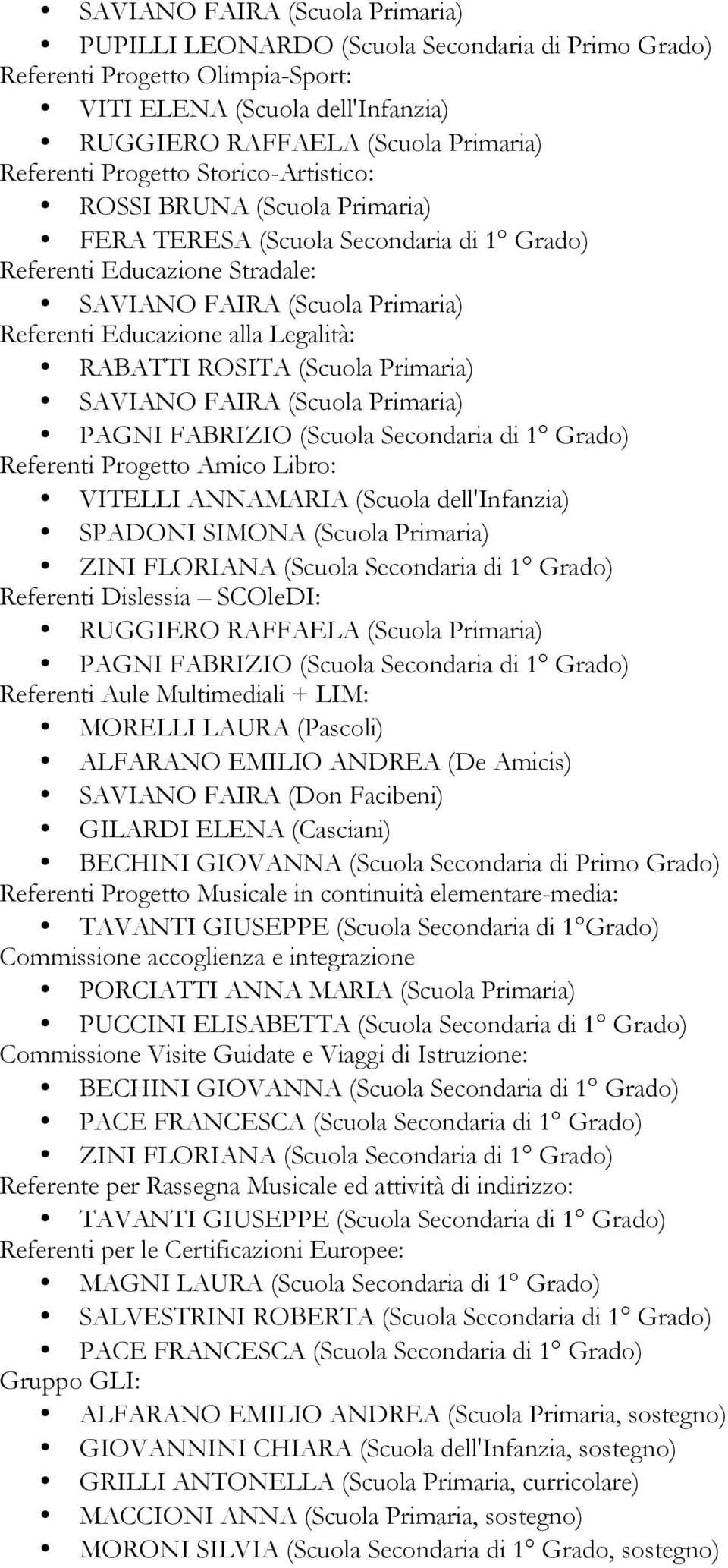 RABATTI ROSITA (Scuola Primaria) SAVIANO FAIRA (Scuola Primaria) PAGNI FABRIZIO (Scuola Secondaria di 1 Grado) Referenti Progetto Amico Libro: VITELLI ANNAMARIA (Scuola dell'infanzia) SPADONI SIMONA