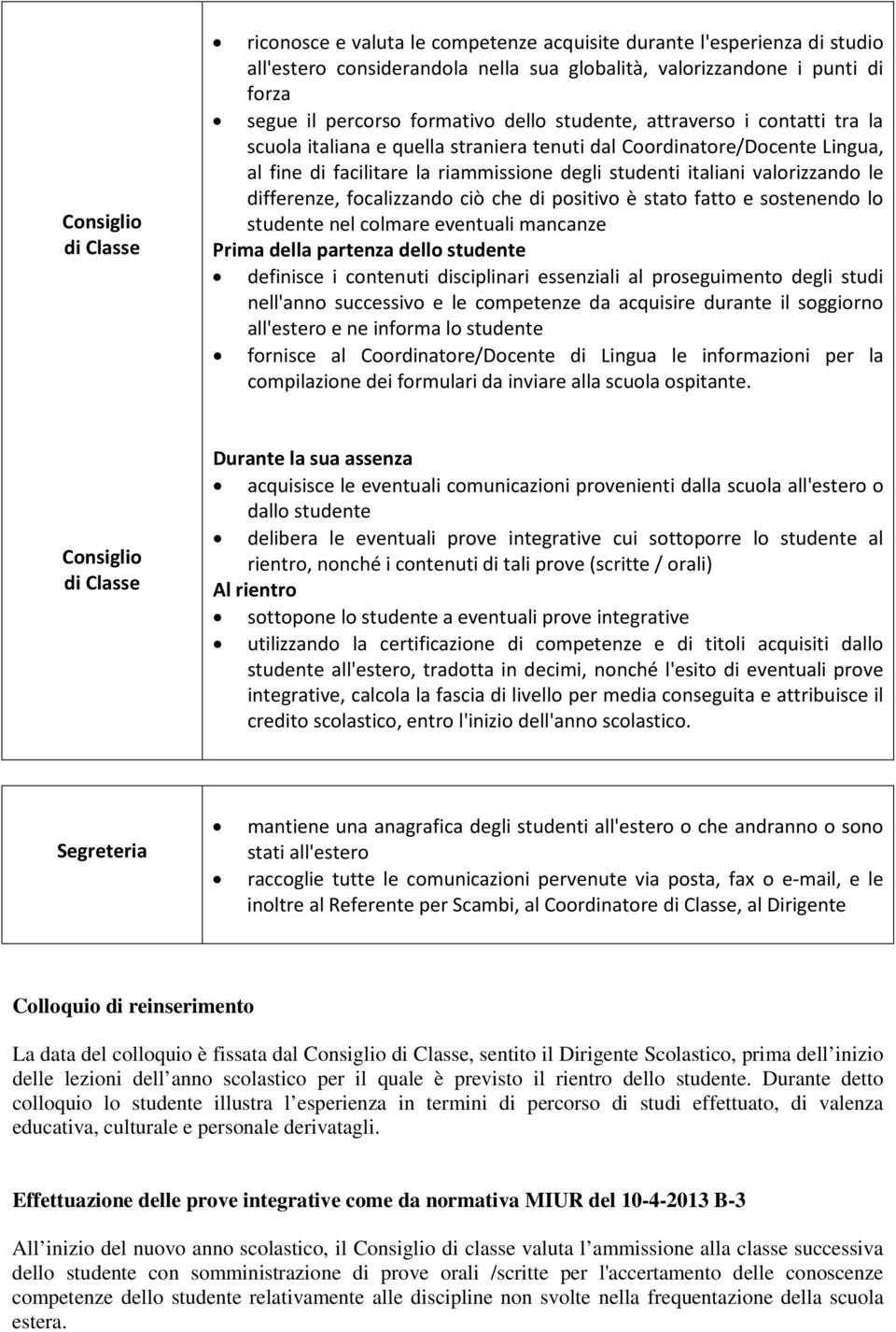 valorizzando le differenze, focalizzando ciò che di positivo è stato fatto e sostenendo lo studente nel colmare eventuali mancanze Prima della partenza dello studente definisce i contenuti