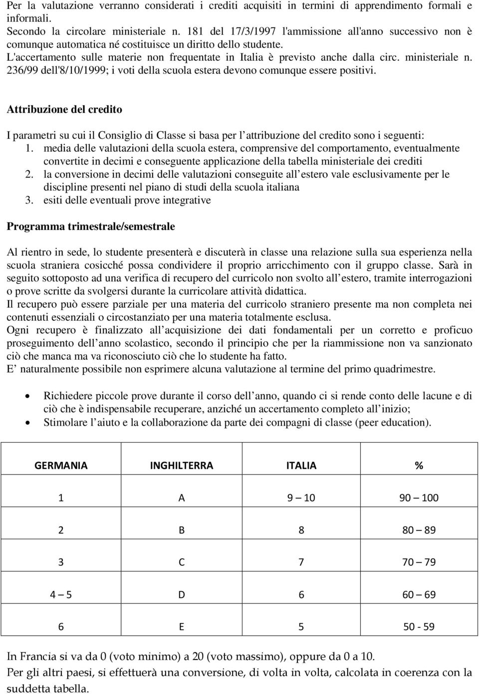 L'accertamento sulle materie non frequentate in Italia è previsto anche dalla circ. ministeriale n. 236/99 dell'8/10/1999; i voti della scuola estera devono comunque essere positivi.