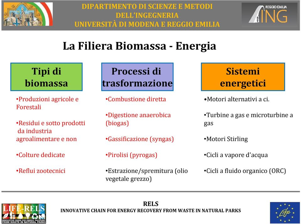 anaerobica (biogas) Gassificazione (syngas) Pirolisi (pyrogas) Estrazione/spremitura (olio vegetale grezzo) Sistemi
