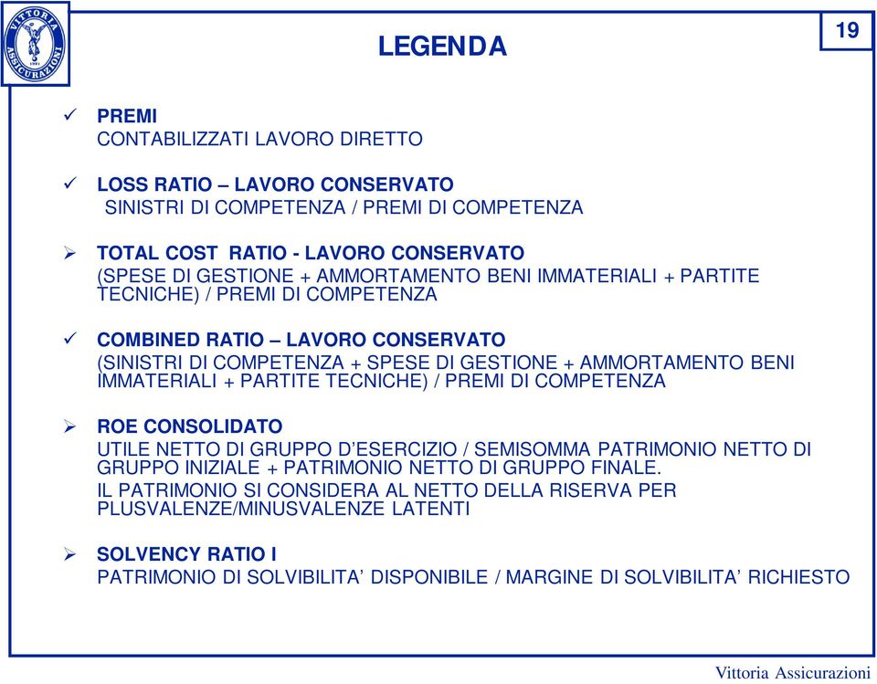 IMMATERIALI + PARTITE TECNICHE) / PREMI DI COMPETENZA ROE CONSOLIDATO UTILE NETTO DI GRUPPO D ESERCIZIO / SEMISOMMA PATRIMONIO NETTO DI GRUPPO INIZIALE + PATRIMONIO NETTO DI