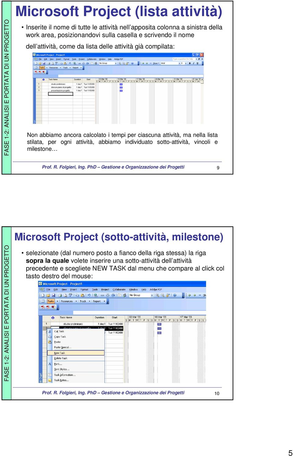 attività, abbiamo individuato sotto-attività, vincoli e milestone 9 Microsoft Project (sotto-attività, milestone) selezionate (dal numero posto a fianco della riga