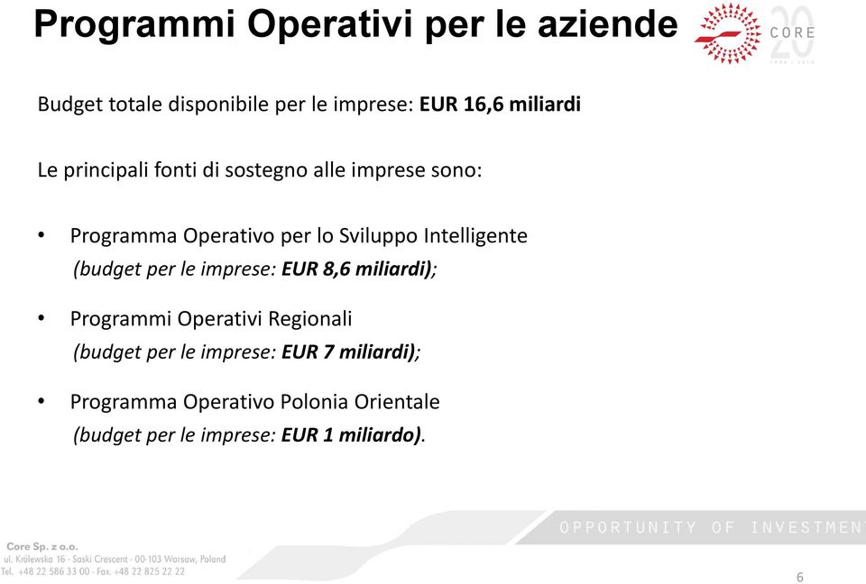 (budget per le imprese: EUR 8,6 miliardi); Programmi Operativi Regionali (budget per le imprese: